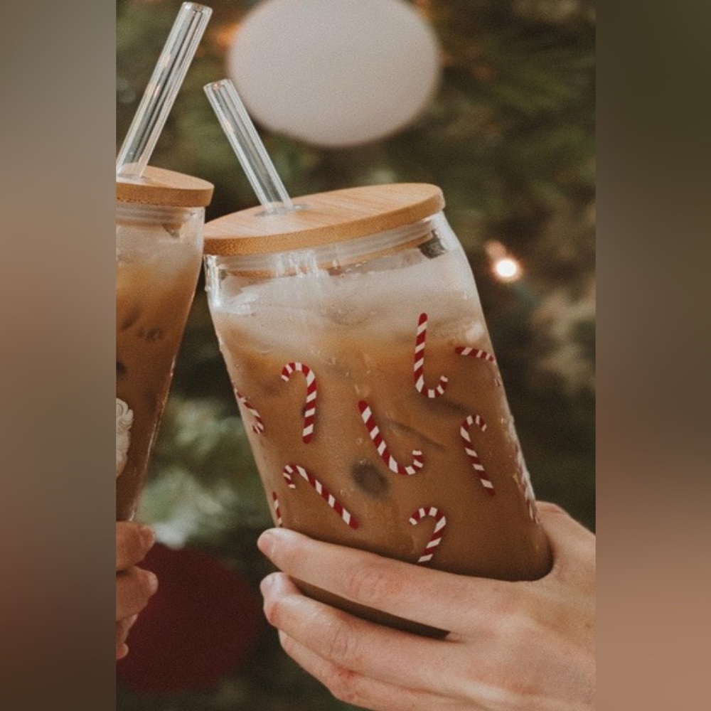 Sweet Water Decor Candy Cane Can Glass W Bamboo Lid & Straw Iced Coffee Cocktail
